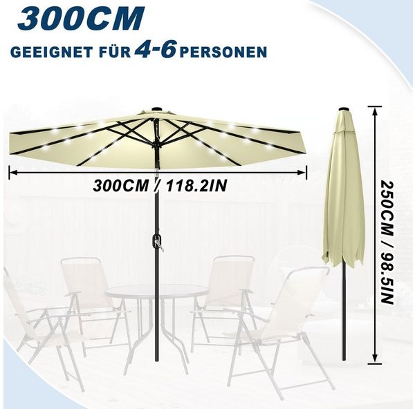 FIVMEN Sonnenschirm 300cm Solarbetriebene mit LED Sonnenschirm mit Kurbel Marktschirm, UV-Schutz Kurbelschirm für Garten & Terrasse