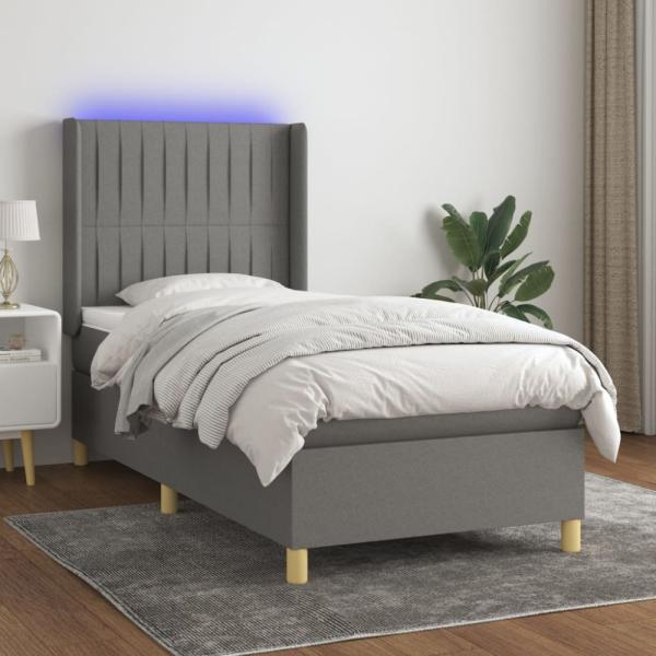 vidaXL Boxspringbett mit Matratze & LED Dunkelgrau 100x200 cm Stoff 3139014