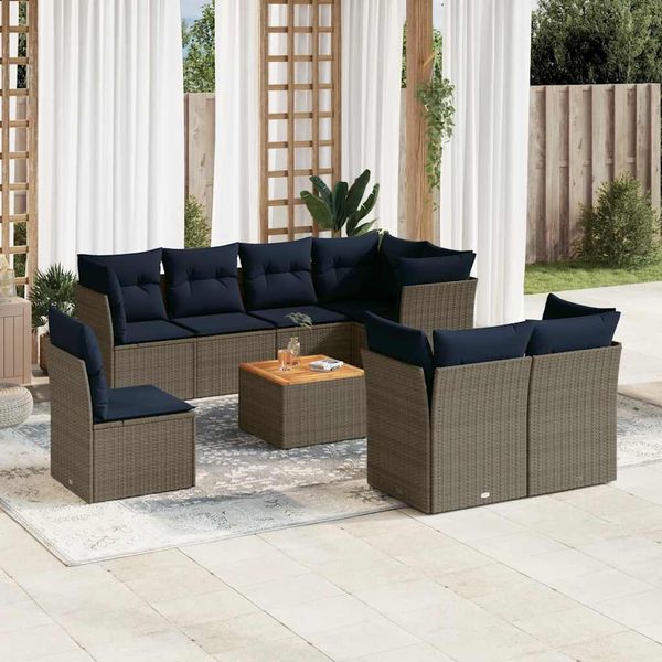 vidaXL 9-tlg. Garten-Sofagarnitur mit Kissen Grau Poly Rattan 3256075