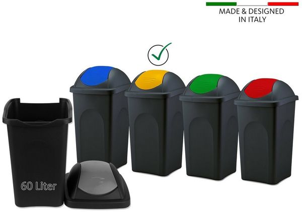 BigDean Mülleimer 60 L XL schwarz Gelb Schwingdeckel Müllsammler Abfalleimer Mülltonne