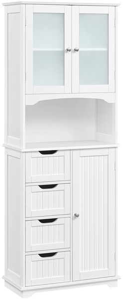 Yaheetech Hochschrank mit Glastüren und Schubladen, Einlegeböden verstellbar, Holz weiß, 63 x 30 x 165,5 cm