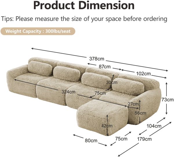 Flieks 4-Sitzer Sofa, L-förmiges Sofa, rahmenlos modular mit Ottoman & 4 Kissen, rutschfester Boden, Plüsch, Hellkhaki Bild 4