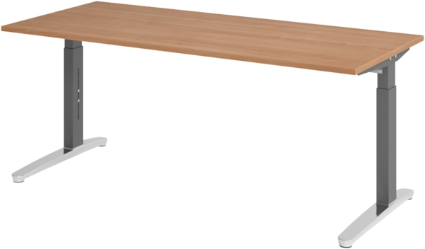 bümö manuell höhenverstellbarer Schreibtisch 180x80 in Nussbaum, Gestell in graphit/alu - PC Tisch höhenverstellbar & groß, höhenverstellbarer Tisch Büro, großer Computertisch verstellbar, X19-N-GC