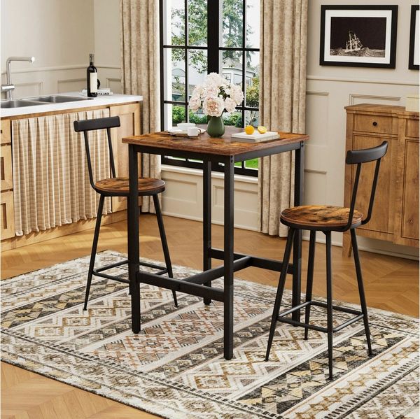 HAUSS SPOLE Essgruppe 3-tlg Bar-Tisch und Hocker-Set mit zwei Stühlen mit Fußpolstern,Braun, (Bar-Tisch-Set mit Bar-Tisch und zwei Hockern, aus hochwertige Spanplattenoberfläche), für Esszimmer, Wohnzimmer oder Küche