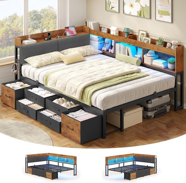 MSMASK Daybett Tagesbett Schlafsofa mit LED-Beleuchtung & Ladestation, Jugendbett mit 6 Staufächern und 6 Schubladen – Liegefläche 140x200 cm
