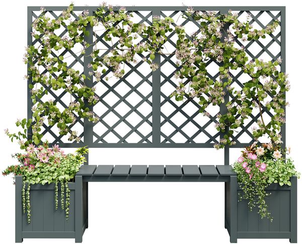 Blumenkasten mit Spalier Rankhilfe & integrierter Sitzbank, massives wetterfestes Tannenholz in Grau, großer Pflanzbehälter für Rosen Efeu Weinreben, multifunktional für Garten Terrasse Balkon
