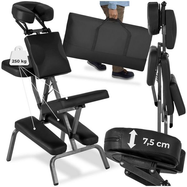 tectake Massagesessel Massagestuhl, klappbar, 80 x 50 x 105 cm, inklusive Tragetasche (Massageliege, in Schwarz), verstellbare Polster für Kopf, Brust und Arme, gepolsterte Beinablagen