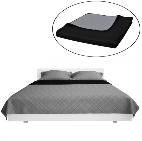 vidaXL Tagesdecke, Zweiseitig, Gesteppt, kariert, Mikrofaser mit PP Baumwoll-Füllung, Schwarz / Grau, 170x210 cm