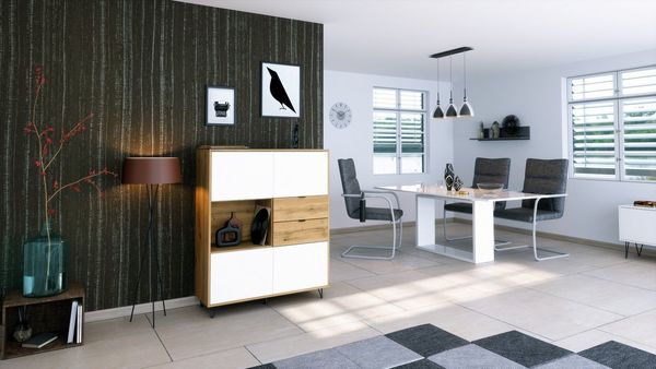 Vladon Highboard Marino V1 (Highboard mit 4 Tür Weiß matt, 2 Schubladen Eiche Evoke, Made in Germany), Korpus Eiche Evoke (103 x 125,5 x 37 cm)