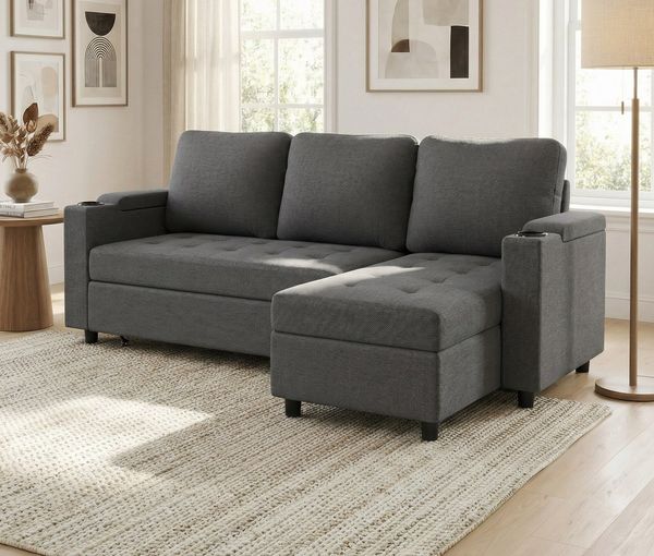 GUNJI Sofa L/U-Sofa mit Schlaffunktion Schlafsofa, Transformationssofa mit Stauraum und Becherhalter - flexibel umkehrbares Layout