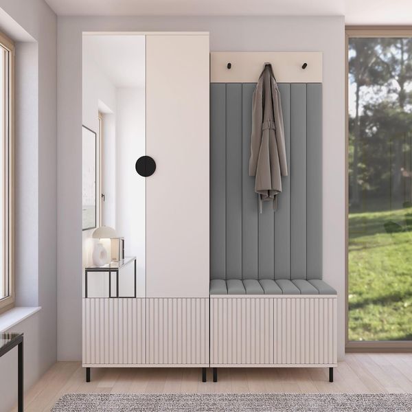 Garderoben-Set Ritmo Version 1 –gefräster Kleiderschrank mit Spiegel, mit hohen Füßen, gepolsterte Wandpaneele, , für den Flur (cashmere, Trinity 14), 195 x 40 x 140 cm, Grau