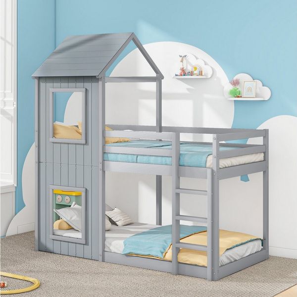 KLAM HOME Etagenbett Bettgestell Kinderbett Hausbett Massivholzbett (mit Leiter und Baldachin, Bodentief), 90*200cm 2-Personen-Jugendbett für Familien mit mehreren Kindern