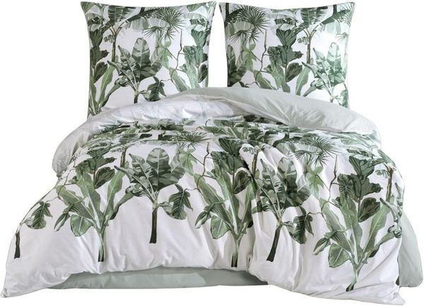 yadetextil Bettwäsche Baumwolle weiß Bettbezug grün Tropical Blattmuster, VersyV1, Renforce, 3 teilig, Bettwäsche-Set 200x220 cm. weiß Bettbezug grün Blattmuster