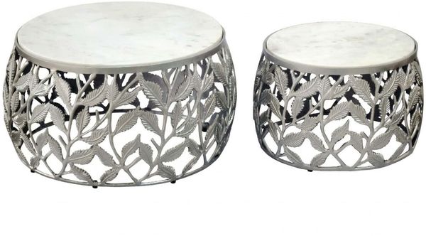 2er Set Couchtisch Silber mit weißer Marmor Tischplatte - Wohnzimmer Tisch Satztisch rund - Beistelltisch Alu modern - Sofatisch Set Aluminium Metallgestell Design Handmade