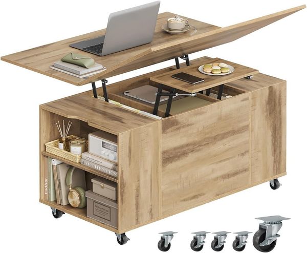 Woltu Couchtisch (1-St), höhenverstellbar mit Rollen, Hebeplatte Schublade