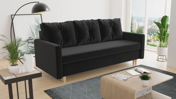 Schlafsofa Rico - Sofa mit Bettkasten, Couch mit Schlaffunktion, Bettfunktion, Bettsofa mit Bonell-Ferderkern, Velours (Schwarz (Kronos 07))
