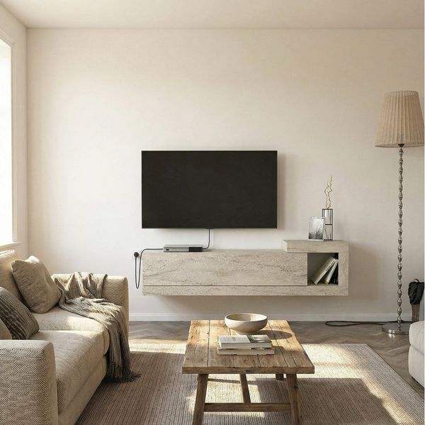 moebel17 Lowboard moebel17 TV Lowboard hängend 150 cm Travertin-Holz-Optik (Einzelmöbel, 1 St, Besteht aus 1 TV Lowboard), Pflegeleichte Oberfläche, Granitoptik