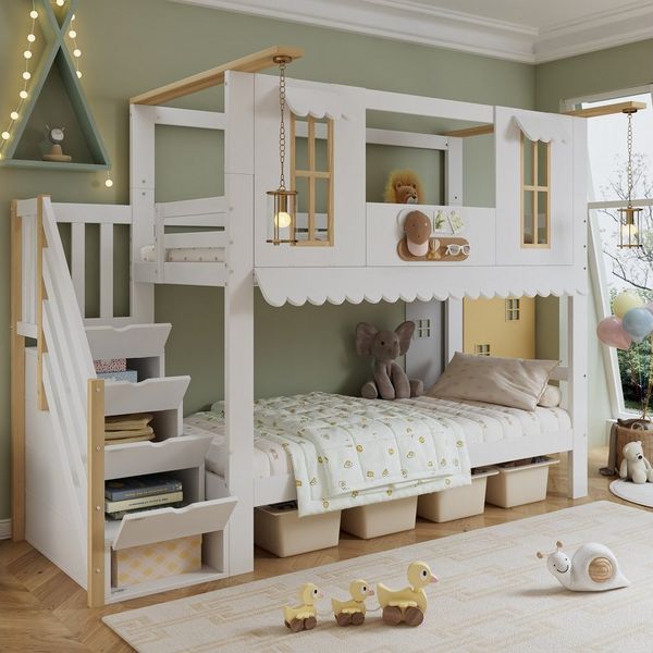 Flieks Etagenbett, Kinderbett Hausbett 90x200cm mit Rausfallschutz Stauraumtreppe Fenster
