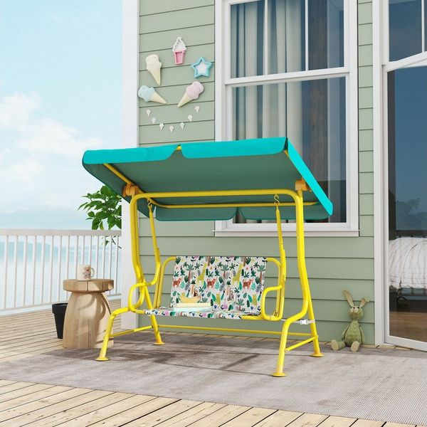 AIYAPLAY Hollywoodschaukel mit verstellbarem Sonnendach, Sicherheitsgurten, 2-Sitzer, Schaukelfunktion, Gartenschaukel, 1 tlg, 2-Sitzer Kinderschaukel, für Garten Terrasse für 3-6 Jahre Kinder bis 60 kg Grün