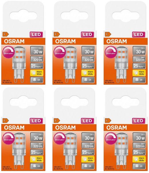 OSRAM Dimmbare LED PIN Lampe mit G9 Sockel, Warmweiss (2700K), 350 Lumen, klares Glas, Multi-Pack, Dimmbar
