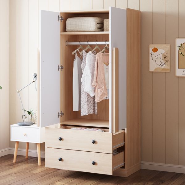 Kleiderschrank 70 x 40 x 170 cm mit Doppeltüren, 2 Schubladen und 1 großem Fach in Natur/Weiß