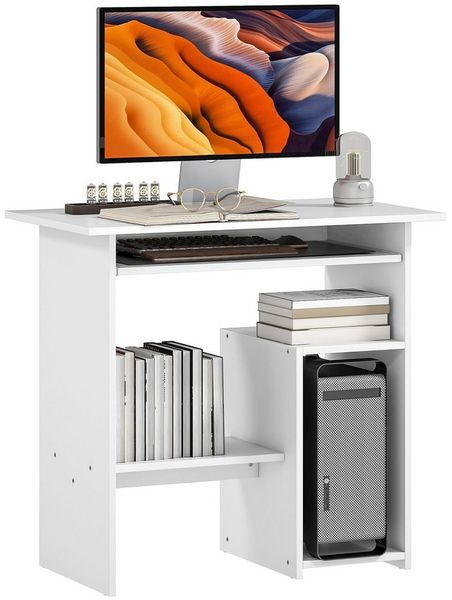 HOMCOM Computertisch mit Tastaturablage, offenen Fächern und Ablageflächen (Bürotisch, 1-St, Schreibtisch), 80 x 45 cm, für Home Office, Schlafzimmer, Weiß