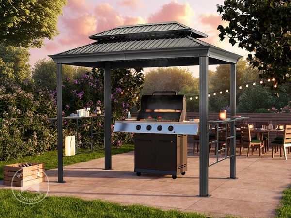 TOOLPORT Grillpavillon 2,8x1,8 m mit Stahldach Wasserdicht UV-beständig inkl. 2 praktischen Seitenablagen in anthrazit