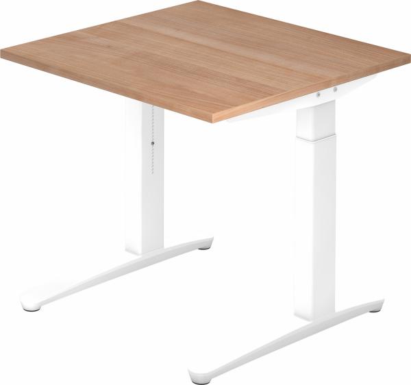 bümö manuell höhenverstellbarer Schreibtisch 80x80 in Nussbaum, Gestell in weiß - PC Tisch höhenverstellbar & klein, höhenverstellbarer Tisch Büro, kleiner Computertisch verstellbar, X08-N-WW