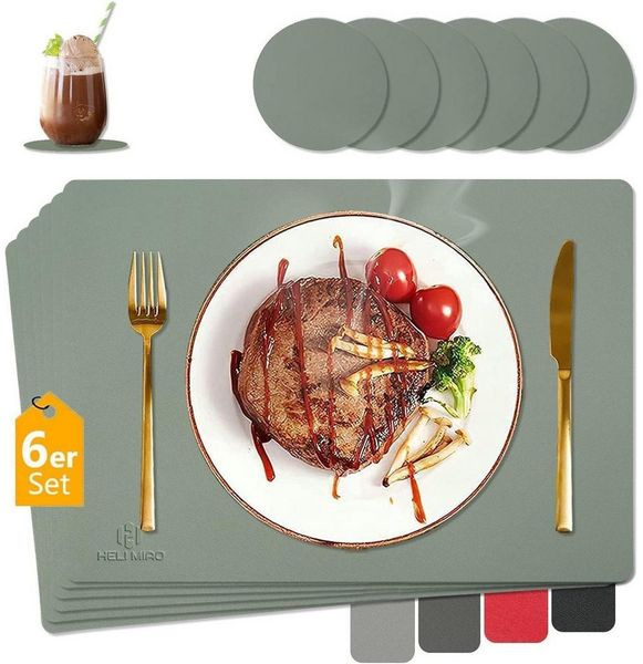 LuxusKollektion Platzset Tischsets & Untersetzer Lederoptik Abwaschbar Set 6er Salbeigrün