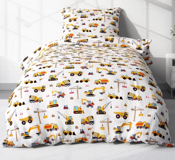 Heubergshop Kinderbettwäsche, Renforcé, 2 teilig, 135x200 cm + 80x80 cm Bagger Baufahrzeuge Kräne Baumwolle (EW-Bagger)