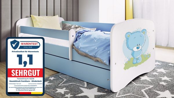 Raumhirsch Furniture Kinderbett 70x140, 80x160, 80x180 cm - Komplettset mit Matratze & Schublade (Bett für Mädchen, Einzelbett Kinder 2–12, mit Rausfallschutz & Lattenrost), verschiedene Farben & Designs