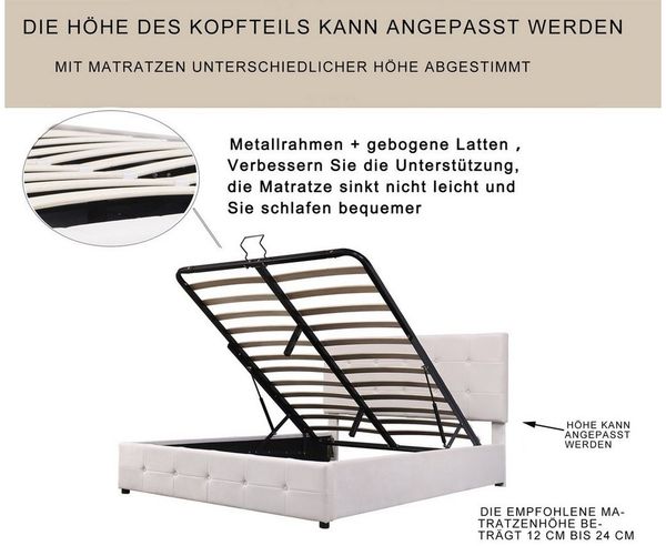Odikalo Stauraumbett Polsterbett anhebbar Kopfteil Metalllattenrost Samt weiß/rosa 140x200 Bild 3
