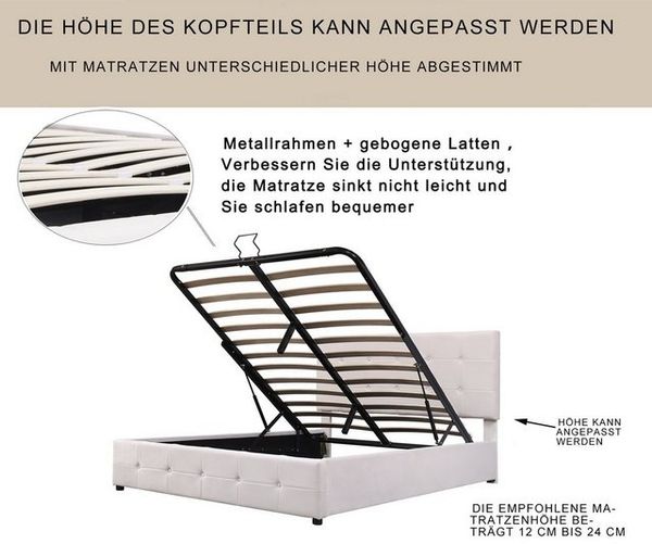 Odikalo Stauraumbett Polsterbett anhebbar Kopfteil Metalllattenrost Samt weiß/rosa 140x200 Bild 4
