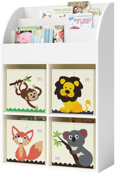Bellabino 'Koro' Kinderbücherregal, weiß, Kinderregal mit 3 Fächern für Bücher und 4 Fächern für Boxen, inkl. 4 Faltboxen (Affe/Löwe/Koala/Fuchs)