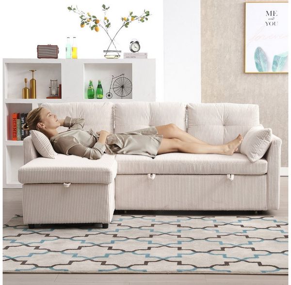 LVHOM Loungesofa Ecksofa,Ottomane,Schlaffunktion,Stauraum,2 Kissen,Seitentasche,Modular, links/rechts reversibler Chaiselongue = Umsetzbare Polsterliege, Sofa & Bett in Einem, Gästebett/Polsterbett/Daybett/Schlafsofa/Loungesofa, Max. 3 Personen