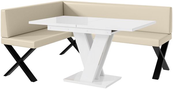 MEBLINI Eckbank für Esszimmer mit ausziehbarem Tisch - Küchenbank - Essecke - Sitzecke Küche - TONI - X-Beine 128x168x87cm Links - Creme Kunstleder/M Weiß Hochgl.