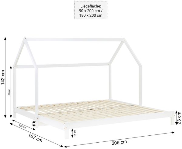 Kinderbett mit 2 Matratzen ausziehbar Hausbett 90x200 Gästebett Ausziehbett Funktionsbett Holz Weiß Kinderdoppelbett Bett Bettenhaus Spielbett Bild 3