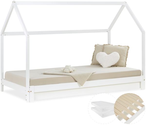 Kinderbett mit 2 Matratzen ausziehbar Hausbett 90x200 Gästebett Ausziehbett Funktionsbett Holz Weiß Kinderdoppelbett Bett Bettenhaus Spielbett