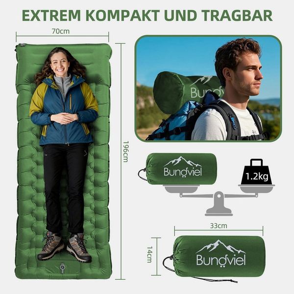 Bundviel Luftbett Camping Selbstaufblasend 12cm Dicke Luftmatratze Utraleicht mit Fußp, Ultraleicht 196x70x12cm / 196x83x12cm