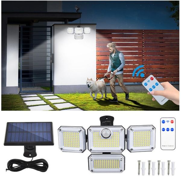 Sunicol LED Außen-Deckenleuchte 4 Köpfe Solarleuchte, mit 5M Kabe,Bewegungssensor, IP65 Wasserdicht, Kaltweiß, mit Fernbedienung, für Außen Garage Innenhof Hof