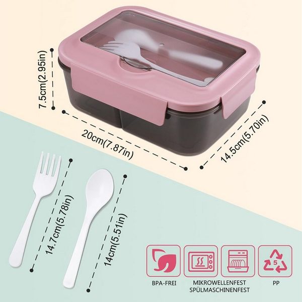 Venkuber Lunchbox 1400ml Bento Lunchbox – 3 Fächer: mikro/spülmaschinenfest, leckfest, Auslaufsicher, BPA-frei, 3 Fächer, 1400ml, inkl. Besteck, stilvoll.