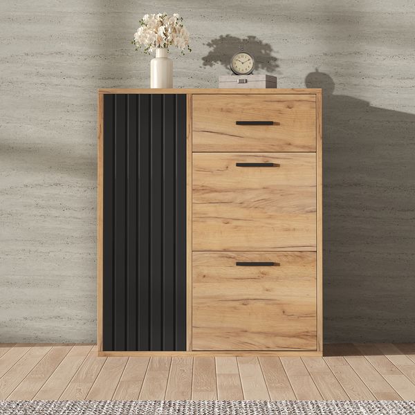 Merax Schuhschrank, mit verstellbaren Regalen Schrank, schwarz Griffen, 1 Schubladen, 2 Klappschuhschrank und 1 Türen, schwarz und Naturtönen