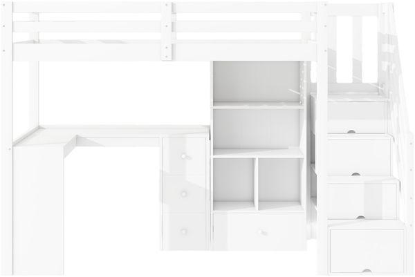 Merax Hochbett, 90x200 cm, Ohne Matratze, mit Geländer, Schreibtisch, Schubladen, Offener Stauschrank, Verstaubare Trittleiter, Mehrere Einlegeböden, EN 747 zertifiziert, Weiß Bild 9