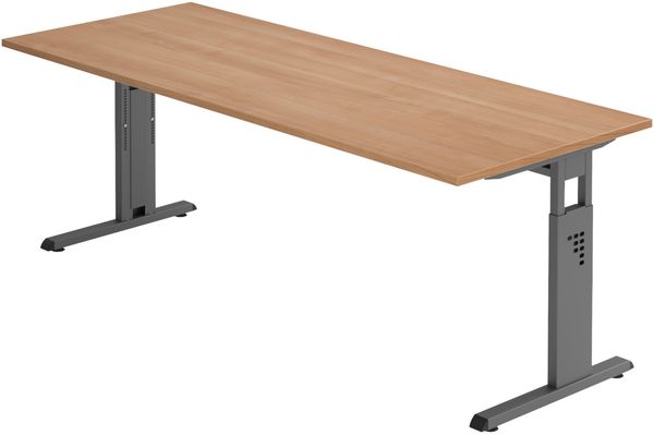bümö höhenverstellbarer Schreibtisch O-Serie 200x80 cm in Nussbaum, Gestell in Graphit - großer PC Tisch für's Büro manuell höhenverstellbar, Computertisch verstellbar, OS-20-N-G