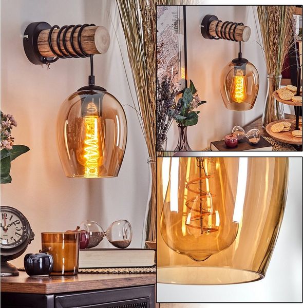hofstein Wandleuchte Wandlampe aus Holz/Metall/Glas in Natur/Schwarz/Bernstein, ohne Leuchtmittel, Glasschirm u. An/-Auschalter am Gehäuse, 1x E27, ohne Leuchtmittel
