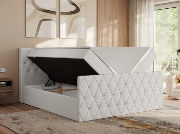 Boxspringbett mit gesteppter Front und Kopfteil, Multipocket-Matratze, zwei Bettkästen - MIREN DUO - 140 x 200 cm - Weiß Kunstleder - H4 Bild 3