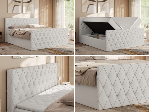 Boxspringbett mit gesteppter Front und Kopfteil, Multipocket-Matratze, zwei Bettkästen - MIREN DUO - 140 x 200 cm - Weiß Kunstleder - H4 Bild 2