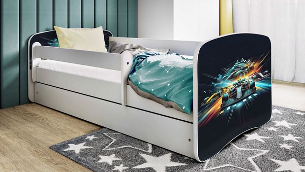 Raumhirsch Furniture Kinderbett 70x140, 80x160, 80x180 cm - Komplettset mit Matratze & Schublade (Bett für Jungs, Einzelbett für Kinder 2–12 Jahre mit Rausfallschutz), verschiedene Farben & Designs