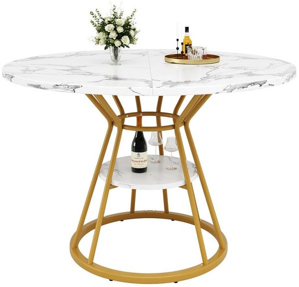 KLAM HOME Esstisch Weiß mit metallbein (1 stück), küchentisch, stabiler metallrahmen (moderne marmor - Oder esstische, frühstückstisch), geeignet für Esszimmer, Wohnzimmer
