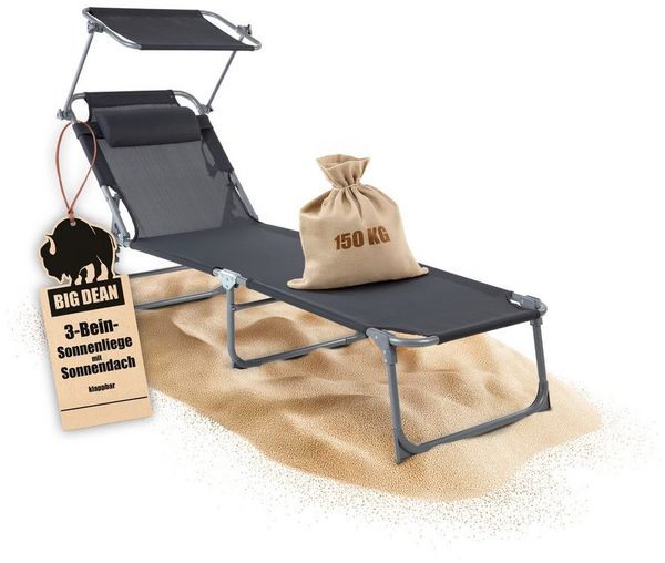 BigDean Sonnenliege klappbar mit Kopfkissen & Dach extra hoch dunkelgrau 150 kg belastbar - hochwertige Gartenliege für Balkon, Garten & Strand